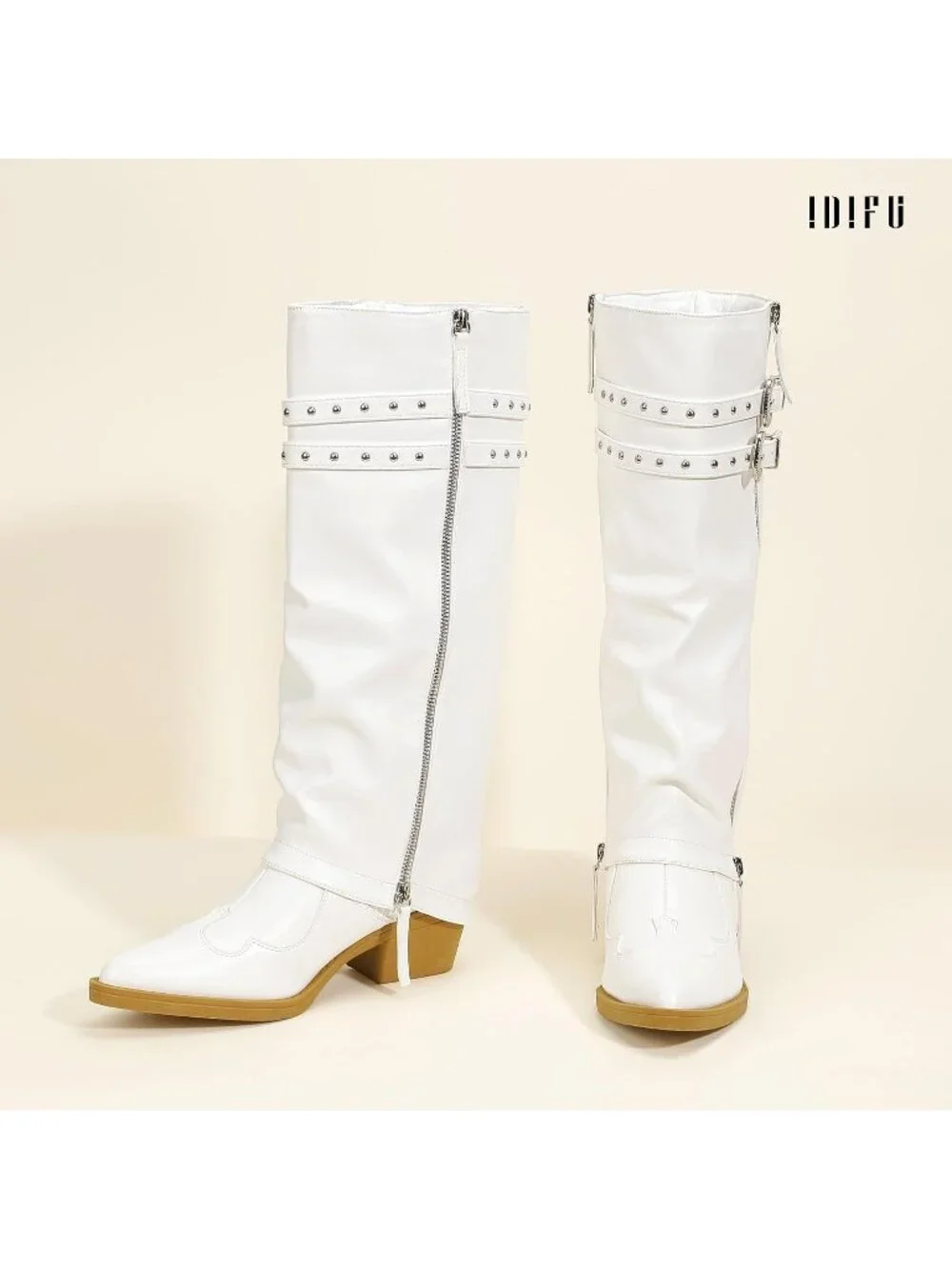 Women's White Manmade Knee High Fold Over Studded Chunky Heel Shark Boots